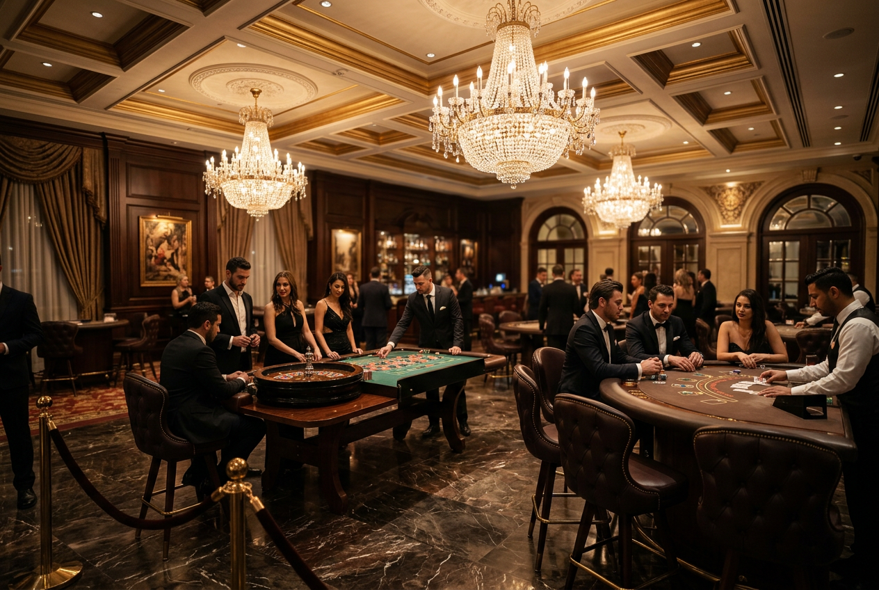 A luxurious VIP casino room with high-stakes tables.