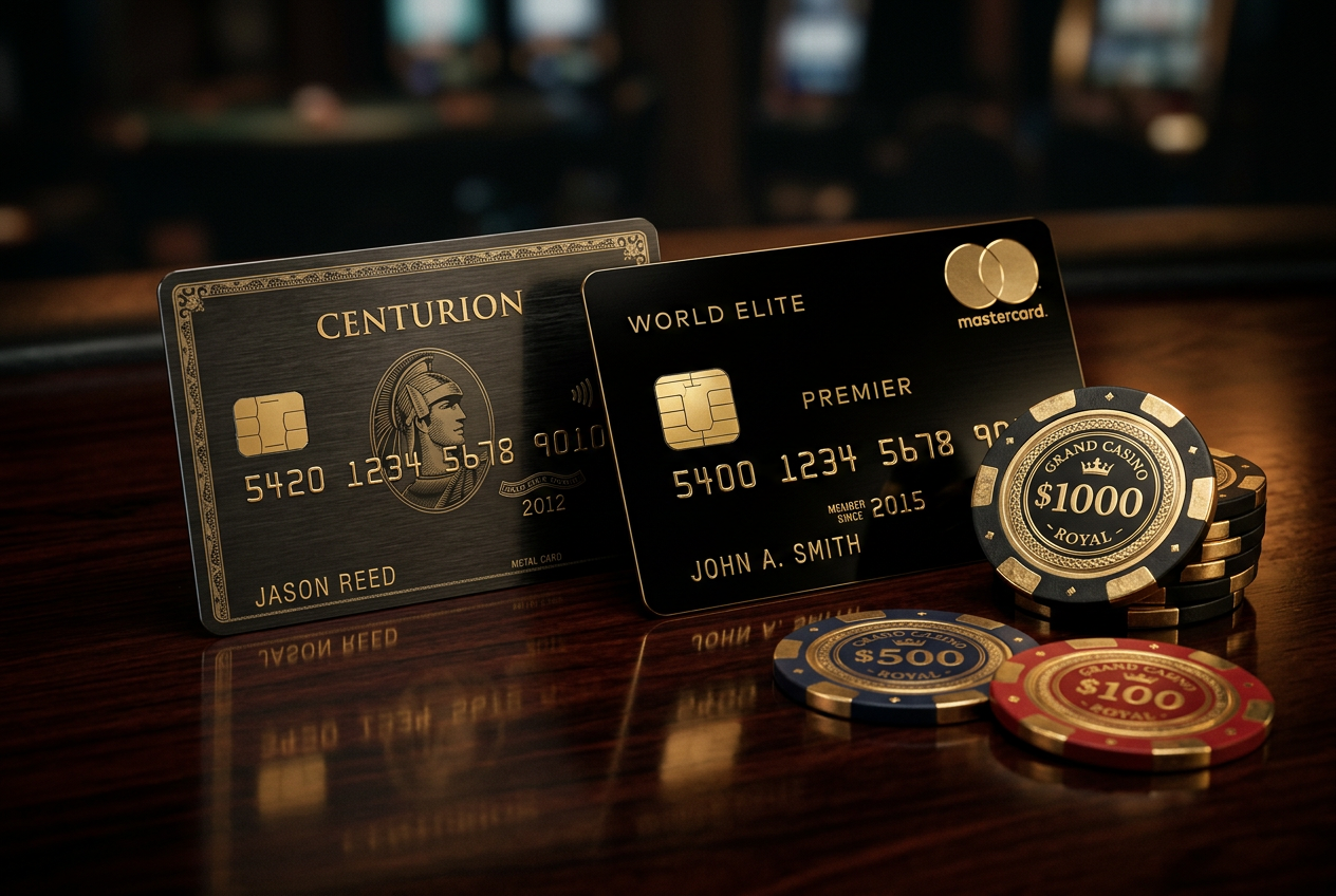 Premium credit cards and high-value casino chips on a dark wood surface.